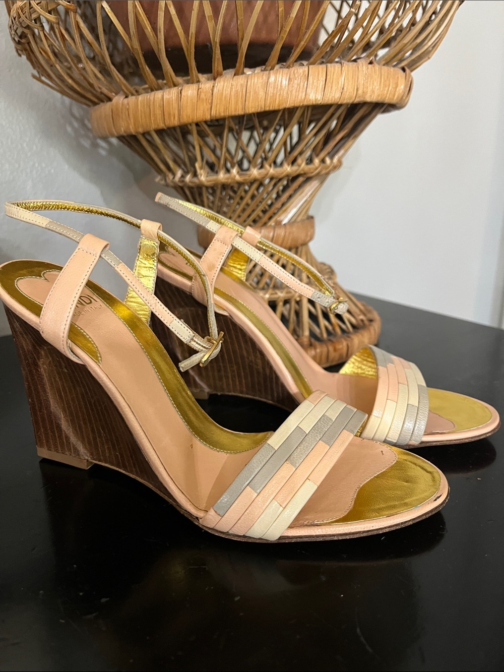 Fendi pastel Art Deco wedge sandals w/ geometric mosaic strap design Sz 5.5 35.5